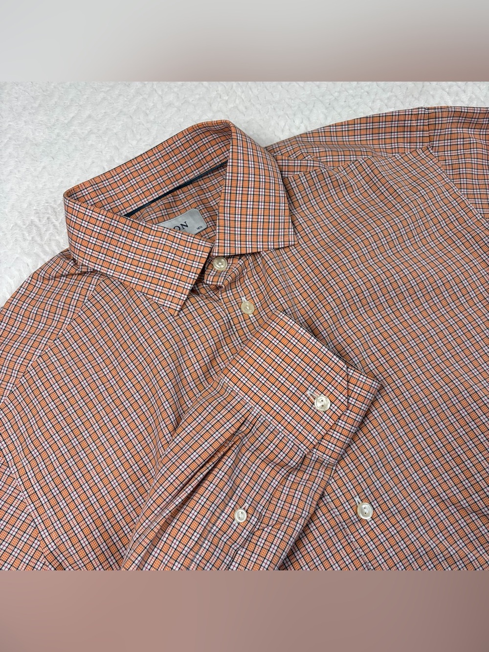 Eton Men's Long Sleeve Dress Shirt Orange Blue Patterned Check Size 16.5 42